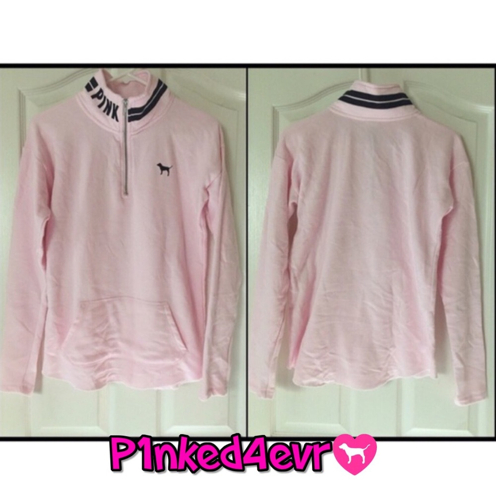 VS PINK Rounded Hem 1/2 Zip Light Pink Black Logo